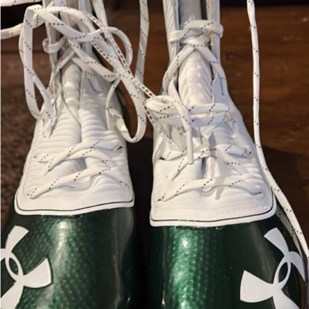 Green and White High-Top Under Armour Highlights Cleats size 10.5